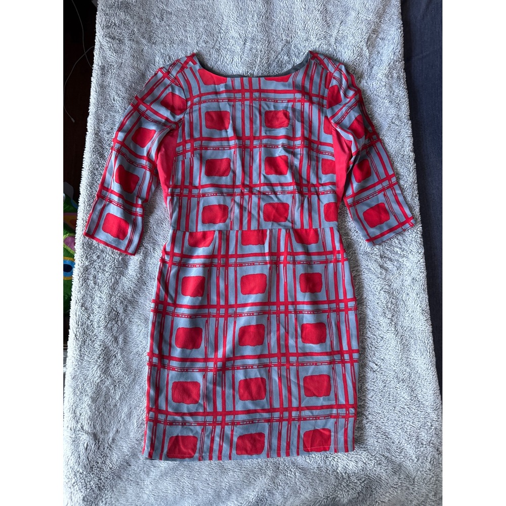 Hunter Dixon New York 100% Silk Red Grey Plaid‎ Cutout Back Sheath Dress Size 2